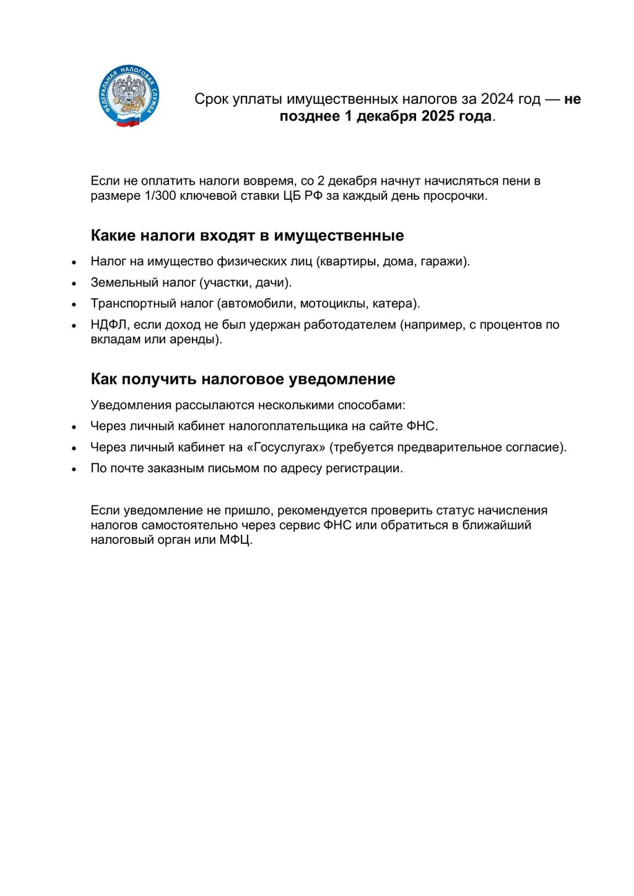 Срок уплаты имущественных налогов за 2024 год